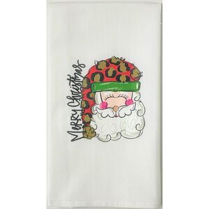 Merry Christmas Jolly Santa in Leopard Hat Holiday Kitchen Flour Sack Towel